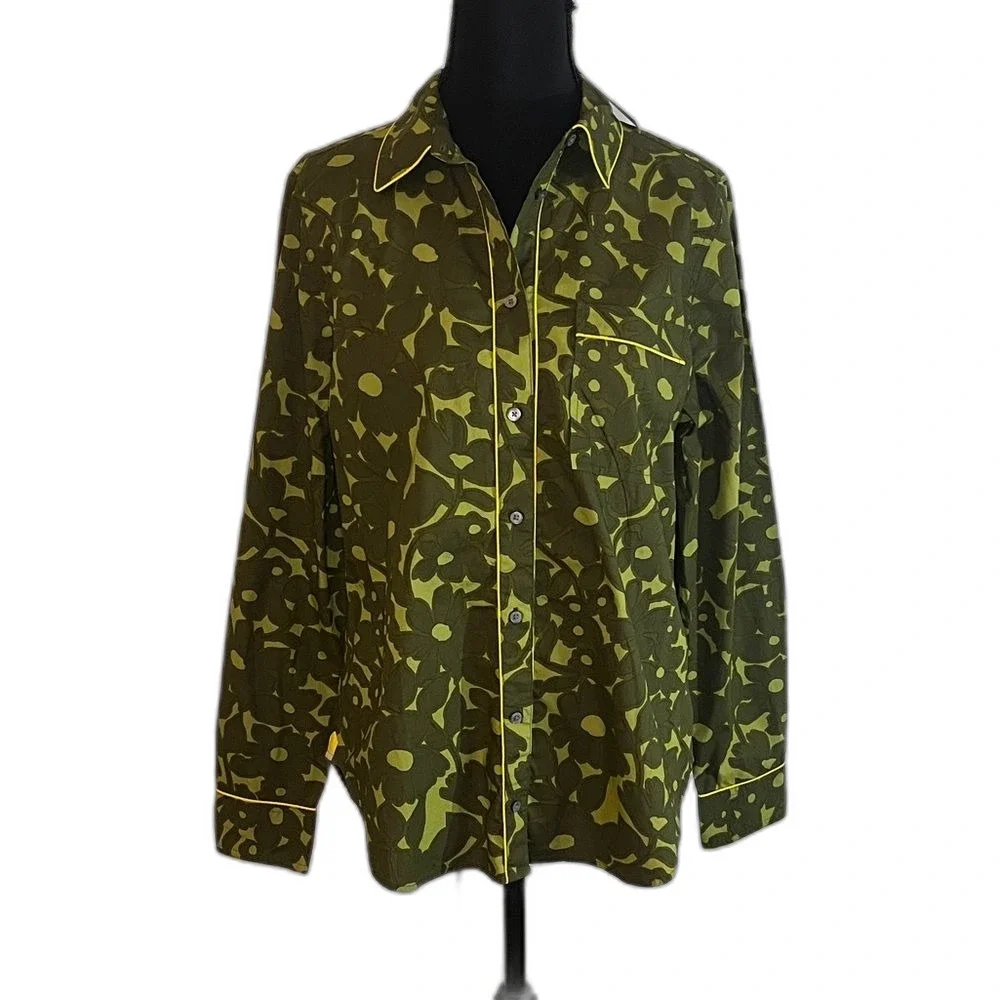 J Crew Reimagined Camo Flower Olive Green Women’s Button Down Yellow Small NW
